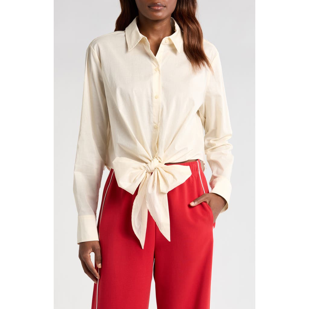 Shop Wayf Amelie Tie Waist Cotton Button-up Shirt In Parchment