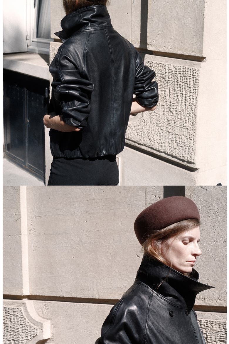 Funnel Neck Leather Jacket, Alternate, color, BLACK