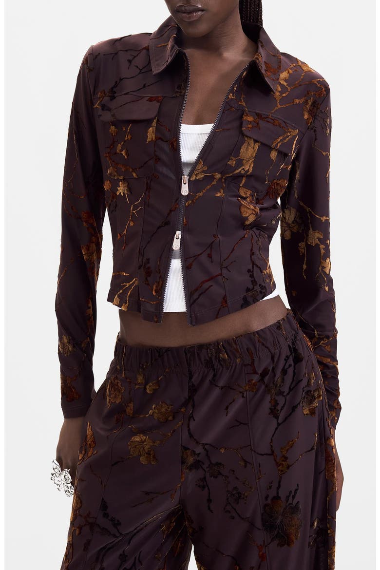 Devoré Velvet Floral Zip Top, Main, color, BROWN