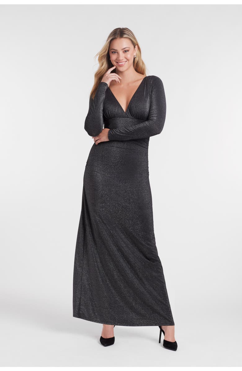 S3 Sculpting Shapewear Shirred V-Neck Long Sleeve Metallic Maxi Dress, Alternate, color, Onyx Black