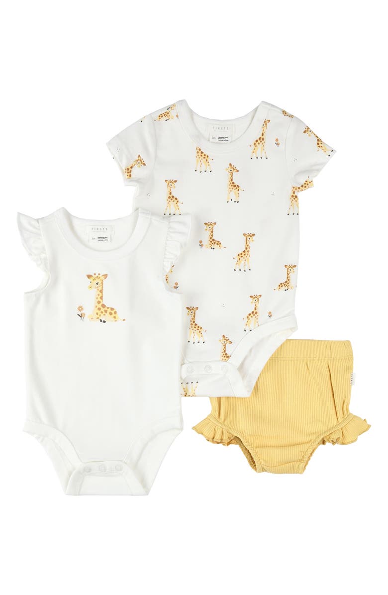 FIRSTS by Petit Lem Giraffes 3-Piece Bodysuits & Ruffle Rib Bloomers Set, Main, color, Off White