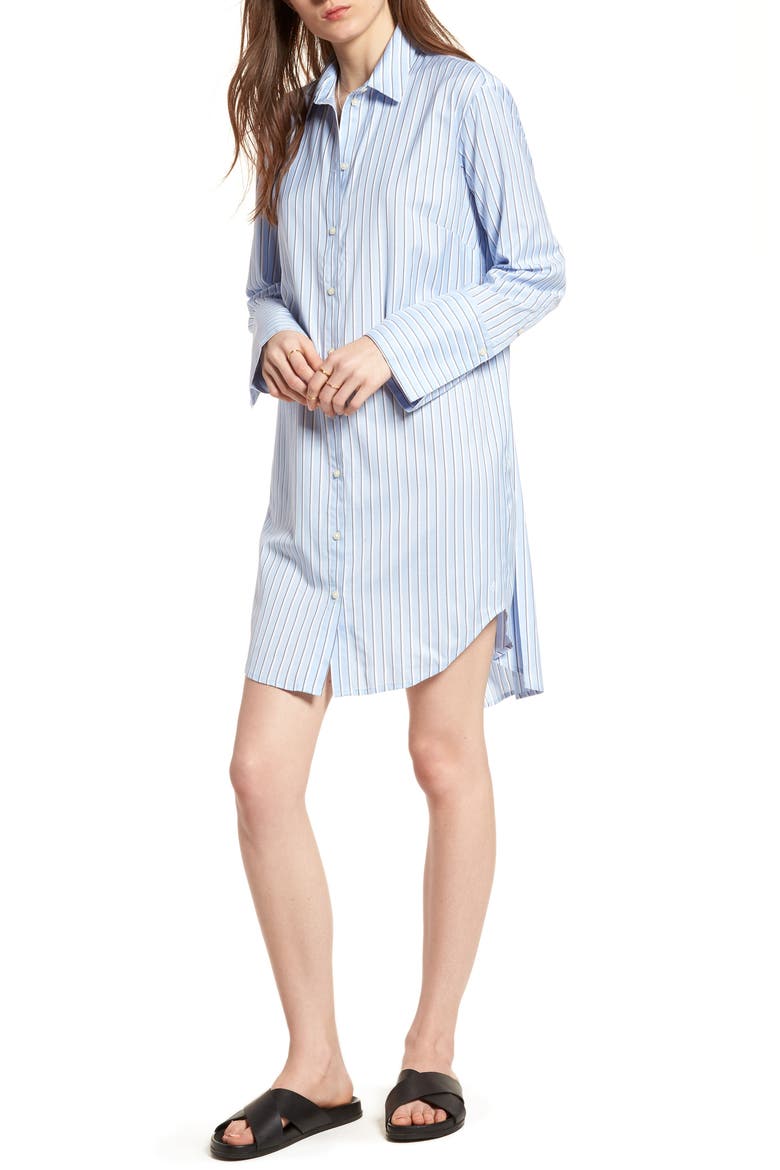 Pleat Back Shirtdress, Main, color, BLUE BRUNNERA GROOVE STRIPE