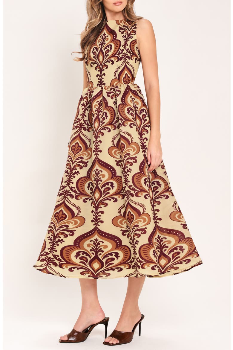 Damask Print Sleeveless Fit & Flare Midi Dress, Alternate, color, TAUPE