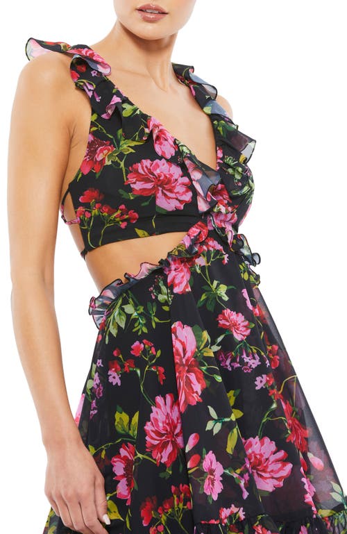 Mac Duggal Floral Ruffle Cut Out Lace Up Flowy Mini Dress In Black Multi