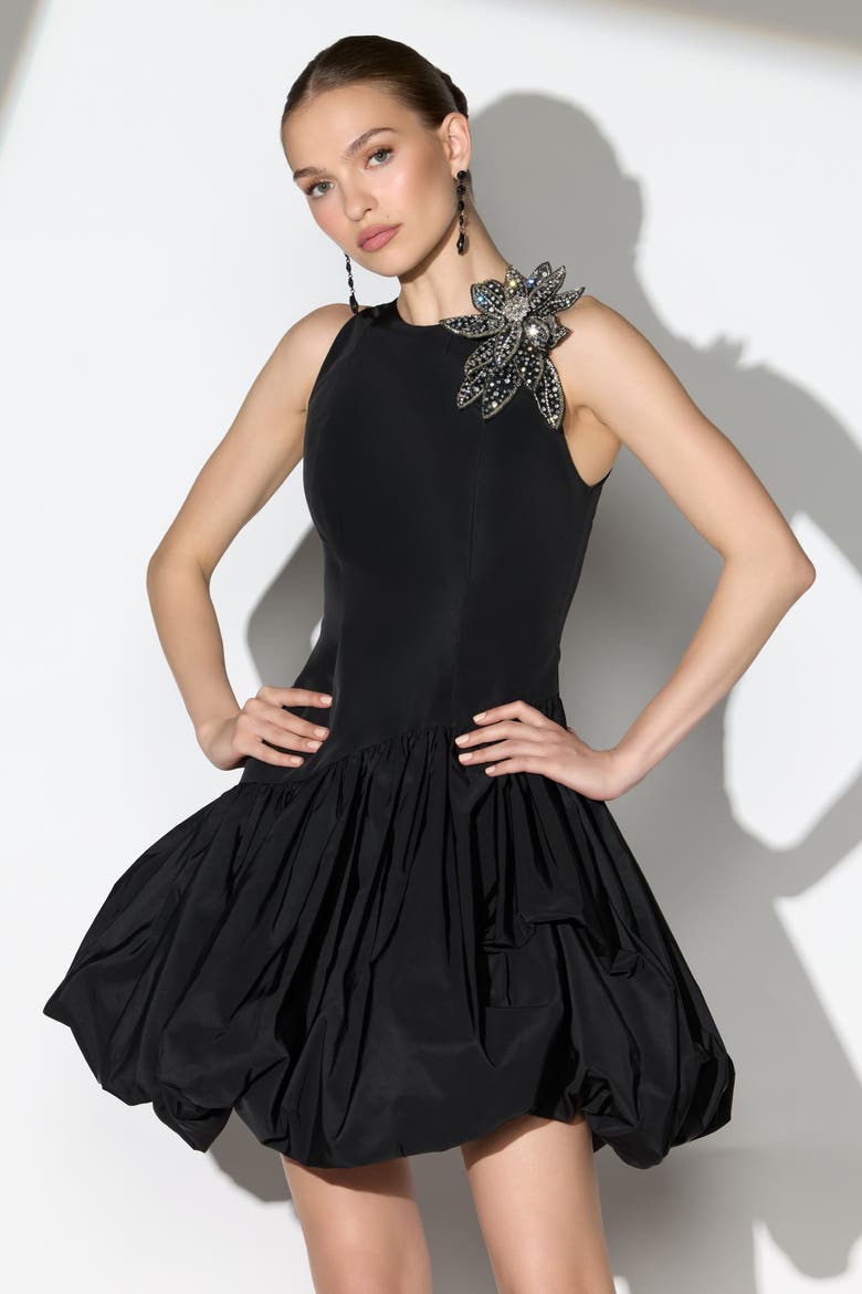 Bubble Hem Mini Dress with Hand Beaded Flower, Alternate, color, Black