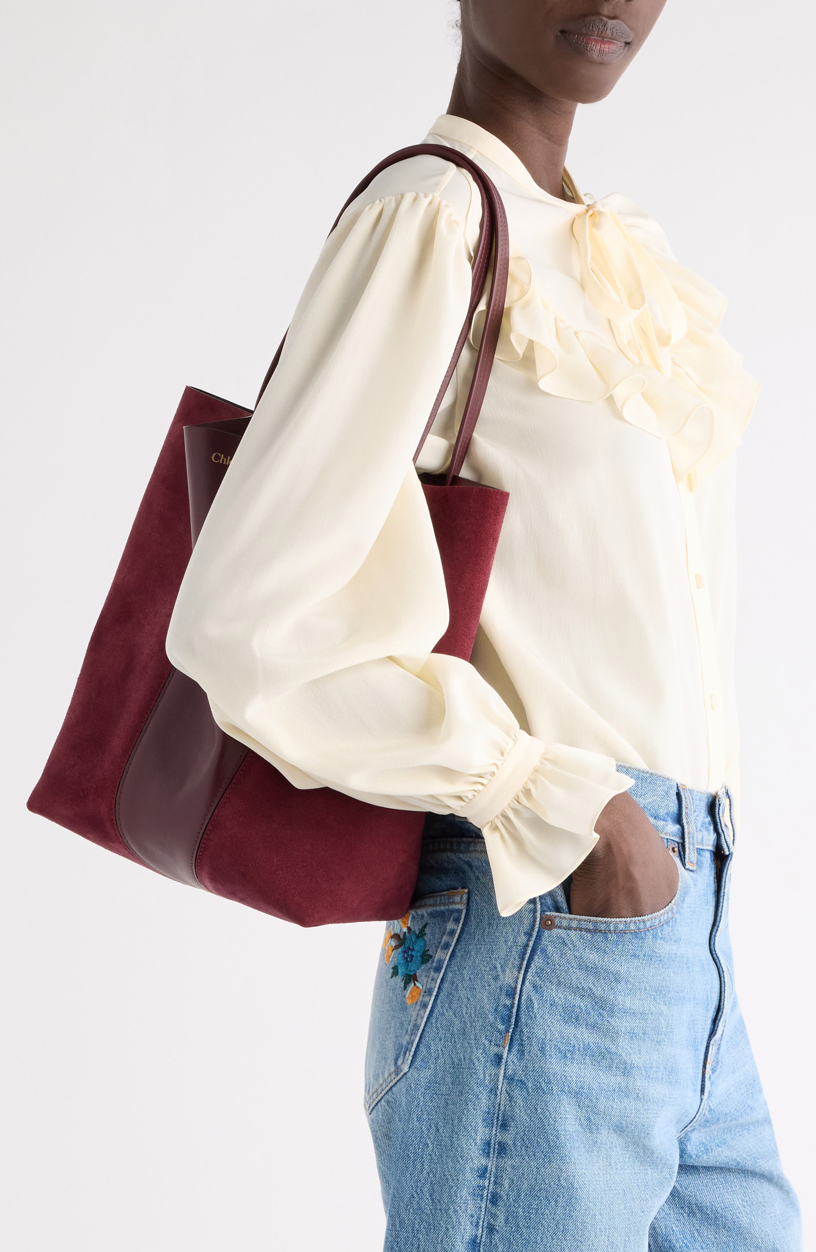 Spin Leather & Suede Tote, Alternate, color, BURNT RED