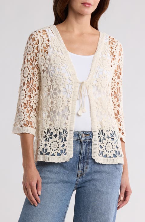 Cotton Floral Crochet Tie Front Cardigan