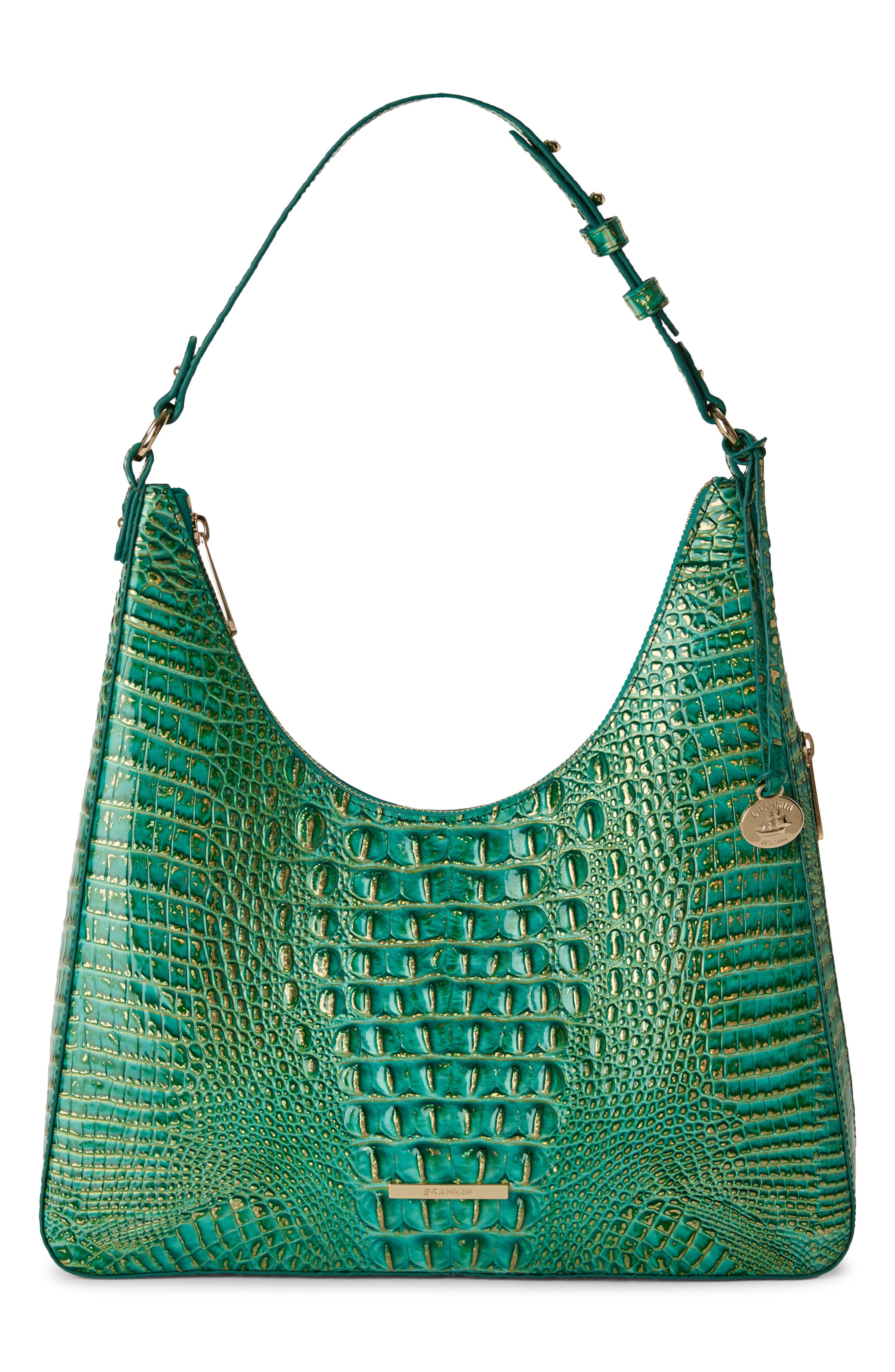 Tabitha Croc Embossed Leather Shoulder Bag, Main, color, JUNGLE JEWEL