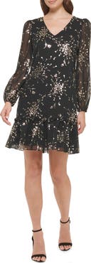 Kensie Foil Print Long Sleeve Dress