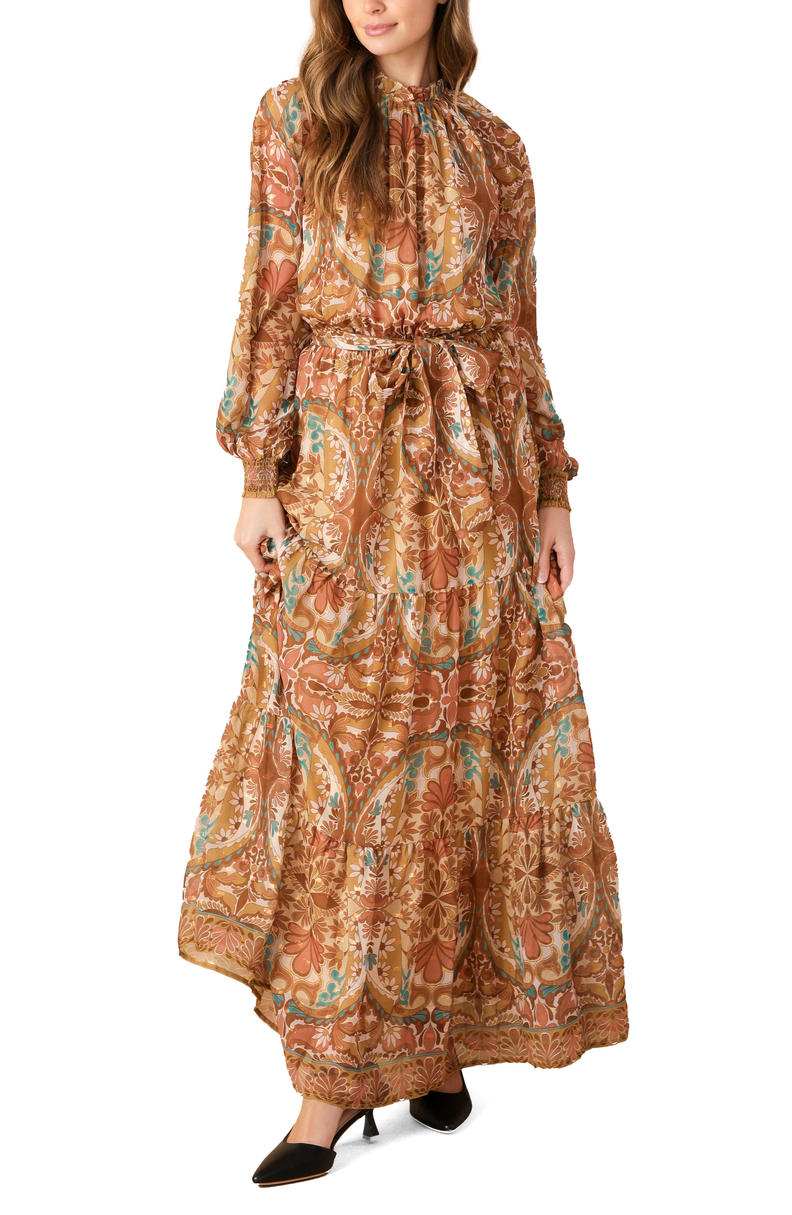 FLYING TOMATO Mock Neck Long Sleeve Maxi Dress