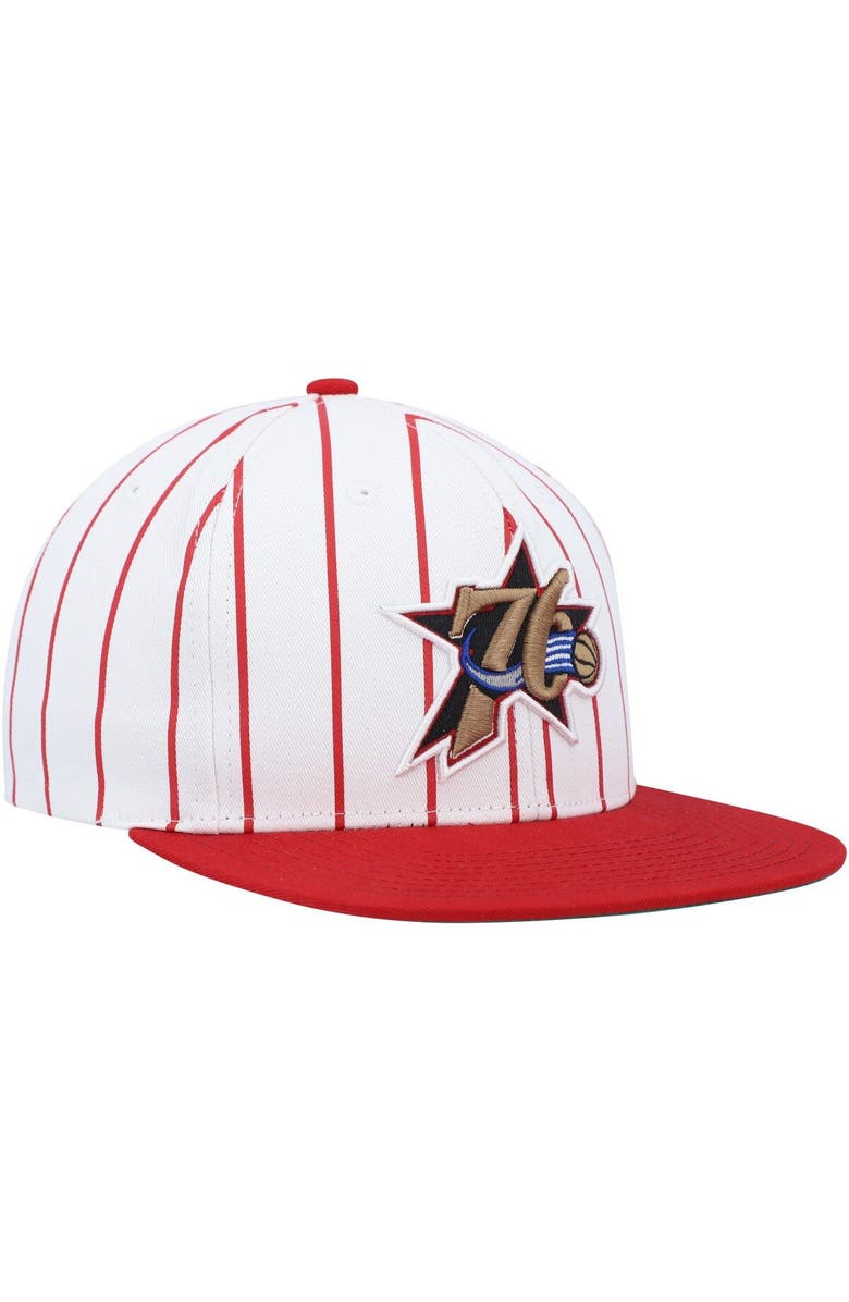Mitchell & Ness Men's Mitchell & Ness White Philadelphia 76ers Hardwood Classics Pinstripe Snapback Hat, Alternate, color, White