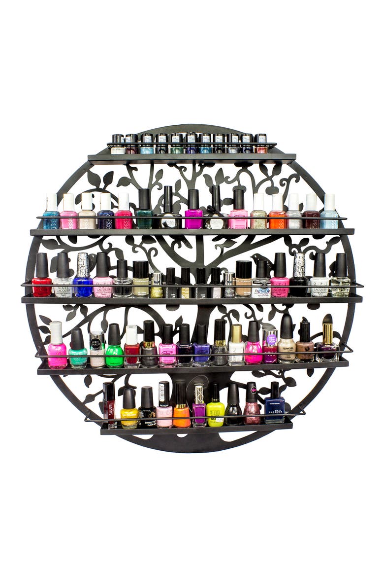 Black Tree Silhouette Round Metal Wall Mounted 5 Tier Salon Nail Polish Rack Holder/Wall Art Display, Alternate, color, BLACK