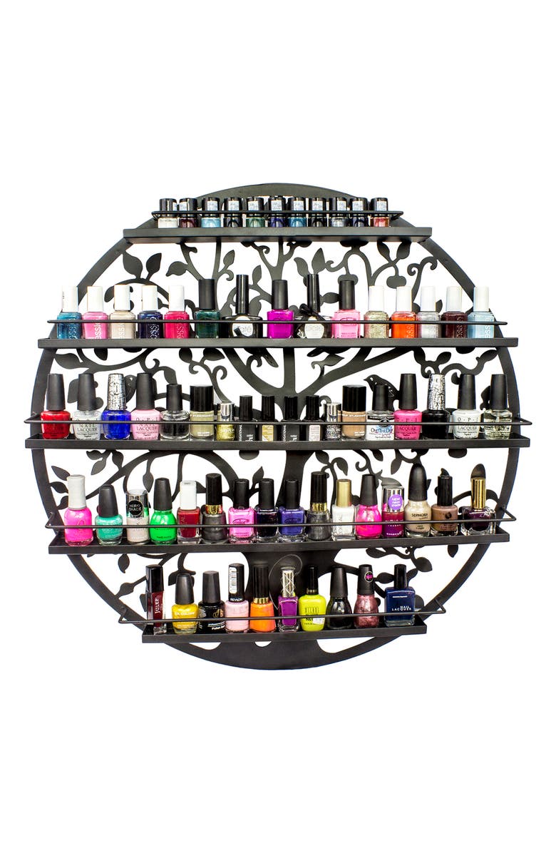 SORBUS Black Tree Silhouette Round Metal Wall Mounted 5 Tier Salon Nail Polish Rack Holder/Wall Art Display, Alternate, color, Black