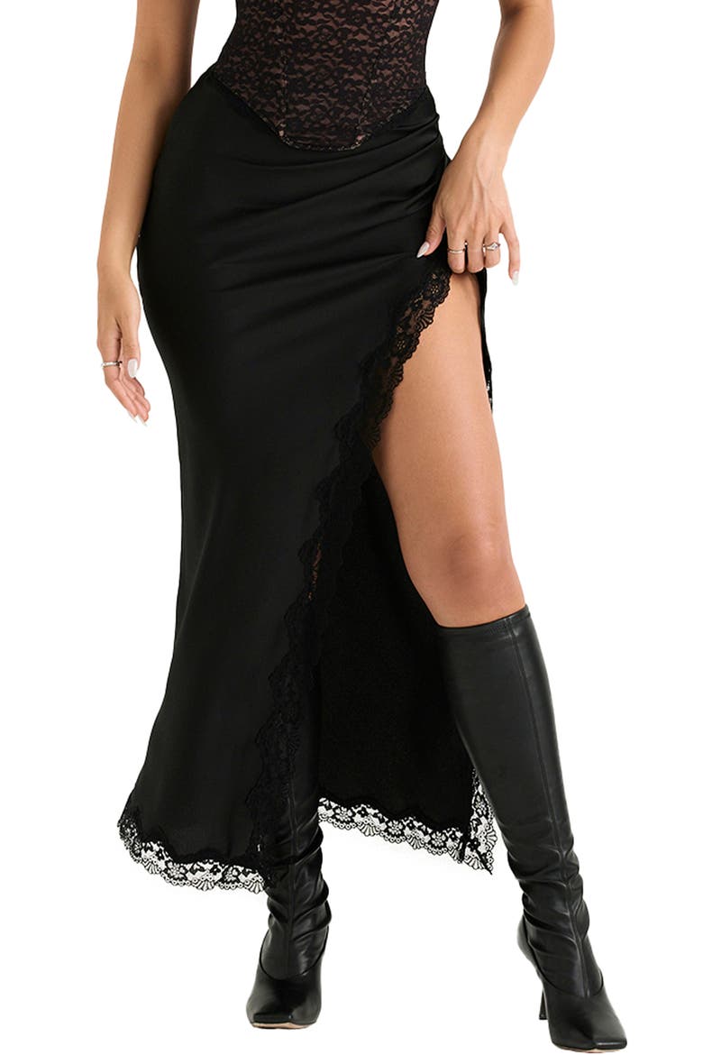 Ruby Lace Trim Satin Midi Skirt, Main, color, BLACK