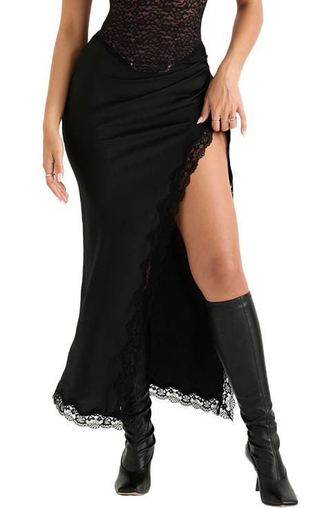 Ruby Lace Trim Satin Midi Skirt