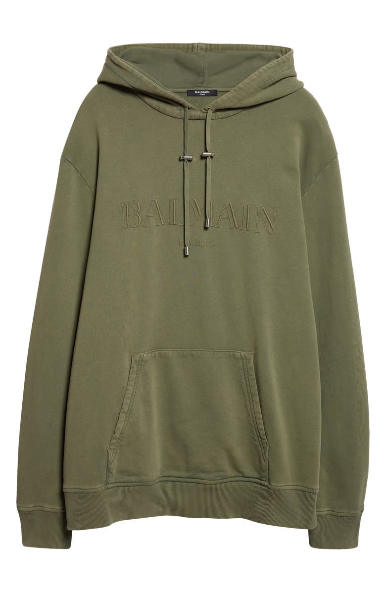 Balmain Oversize Vintage Emblem Cotton Hoodie, Alternate, color, Uia Kaki/ Kaki