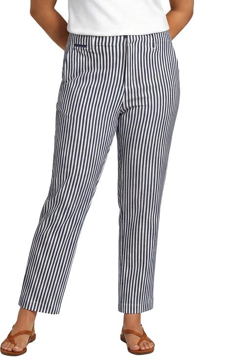 Plus Size Mid Rise Classic Straight Leg Oxford Stripe Ankle Pants