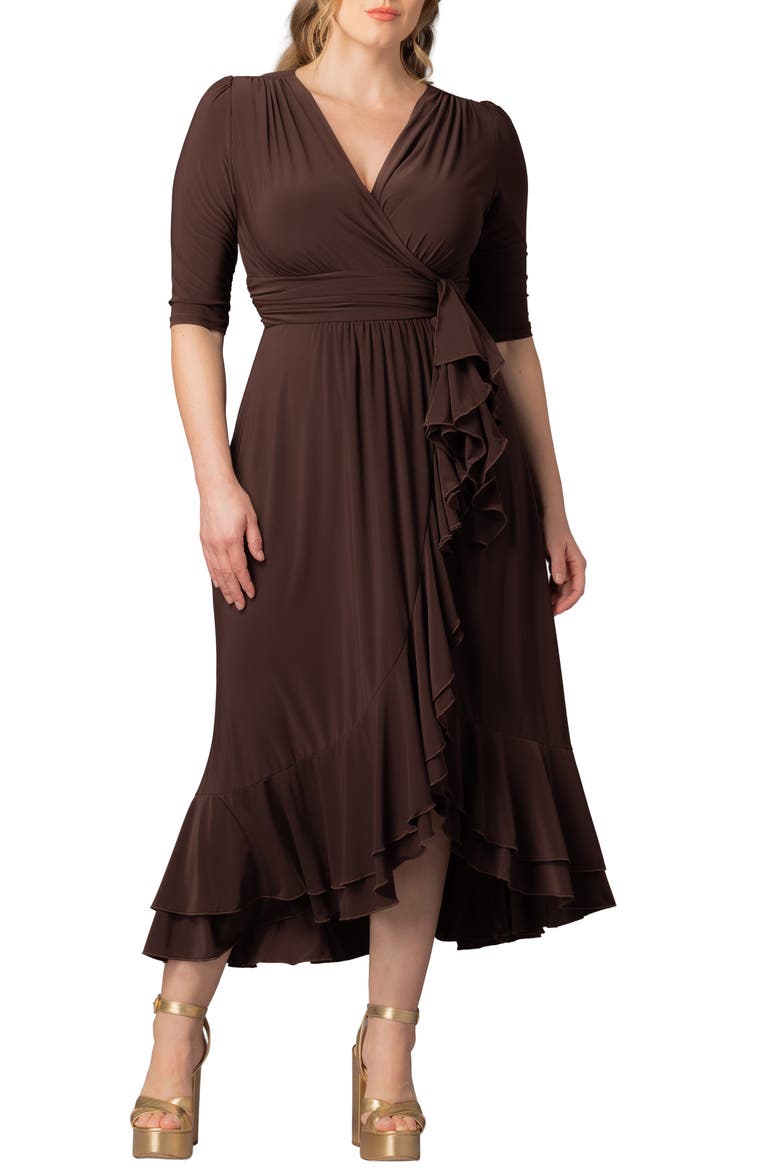 Veronica Ruffled High-Low Evening Gown, Main, color, CHOCOLATE
