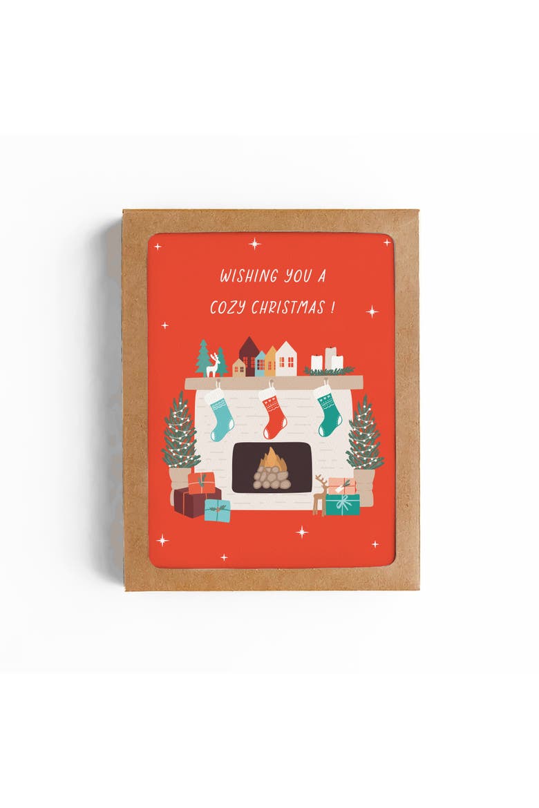 Cozy Fireplace Christmas Card-Boxed Set of 8 cards, Main, color, Red