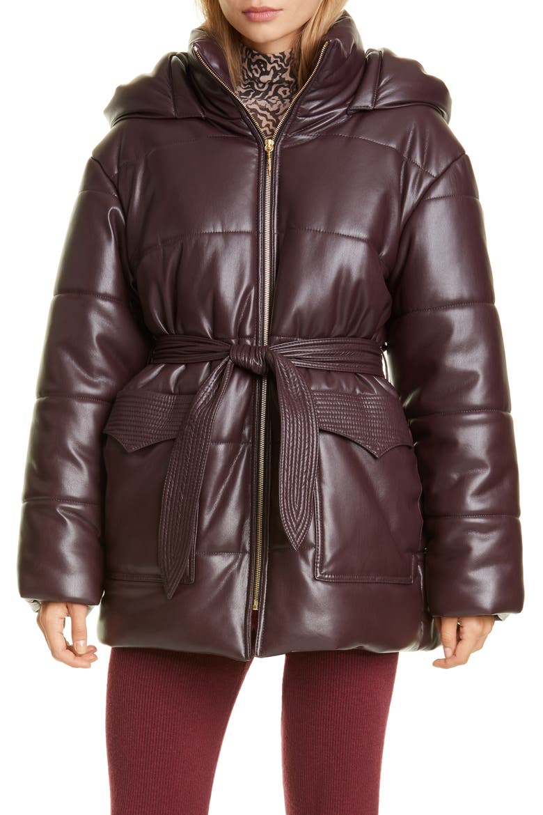 Lenox Faux Leather Belted Puffer Coat, Main, color, AUBERGINE