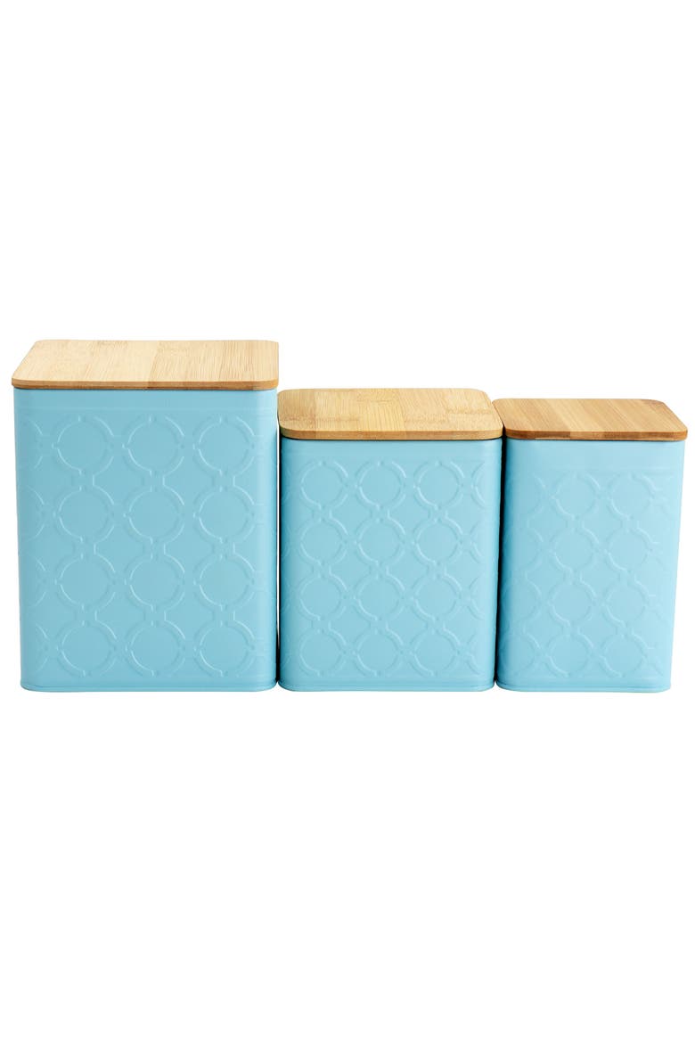 3 Piece Square Iron Kitchen Canister Set with Wood Lids, Main, color, Turquoise