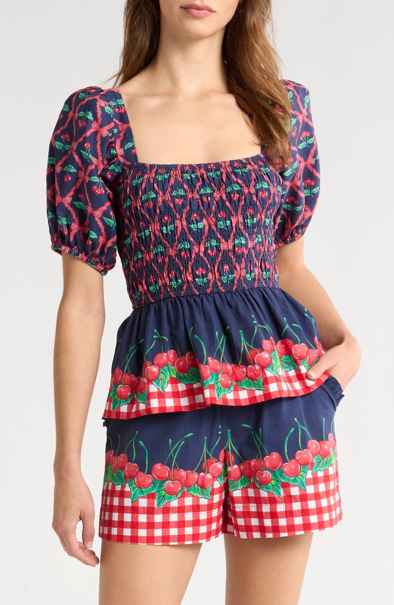 Damson Madder Allegra Cherry Pie Smocked Organic Cotton Peplum Top, Main, color, Navy/ Red