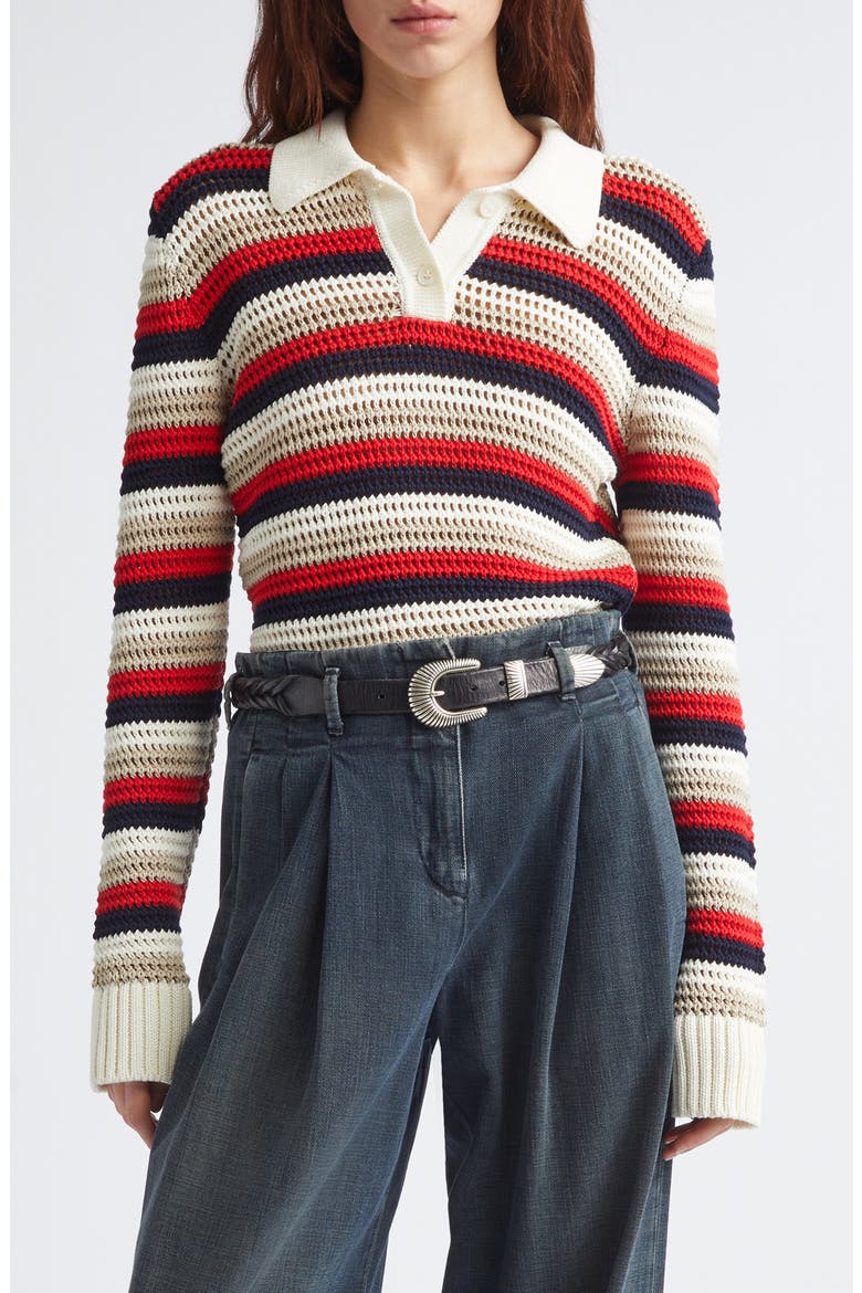 Journey Knit Cropped Polo, Main, color, WHITE/ RED/ BLUE
