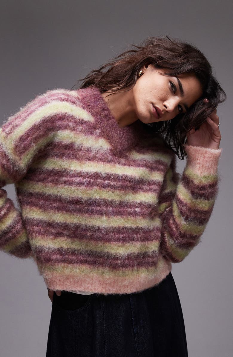 Topshop Stripe Fluffy V-Neck Sweater, Main, color, Burgundy Multi