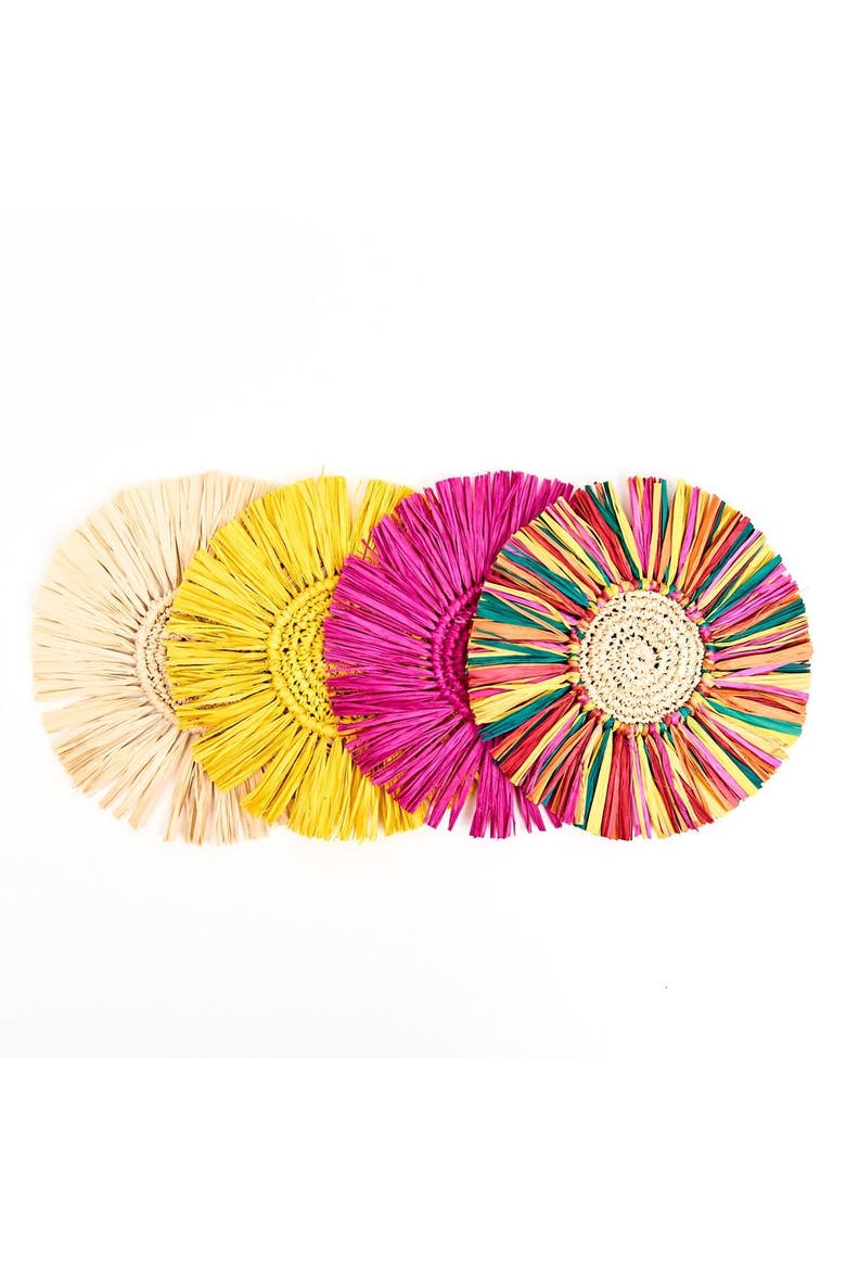 Pahiyas Woven Fringe Raffia Coasters Rainbow - Set of 4, Main, color, Natural
