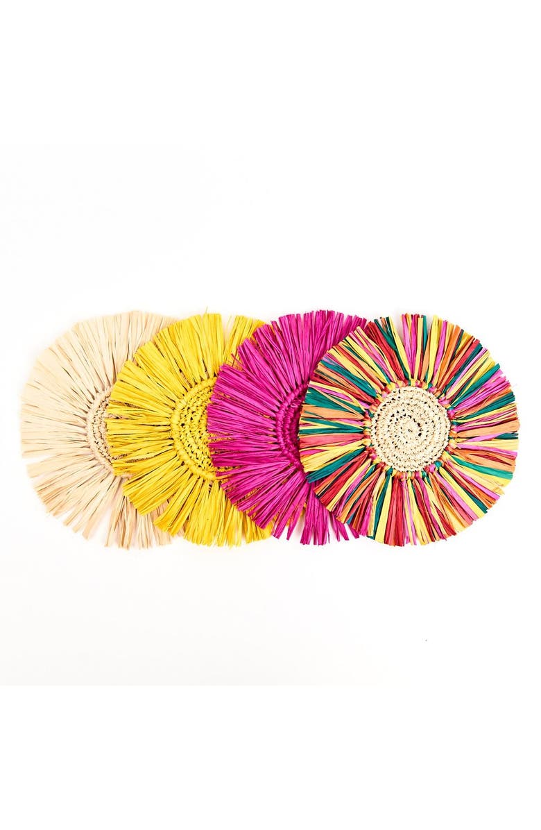 Kubo Pahiyas Woven Fringe Raffia Coasters Rainbow - Set of 4, Main, color, Natural