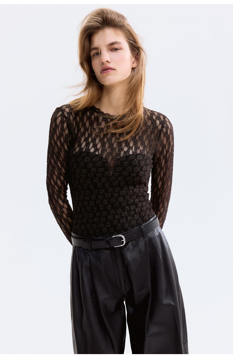 H&M Lace-look Thong Body, Alternate, color, Dark Brown