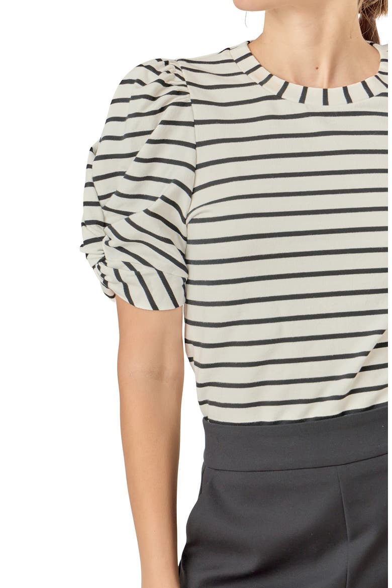Stripe Puff Sleeve Stretch Cotton Top, Alternate, color, WHITE/ BLACK