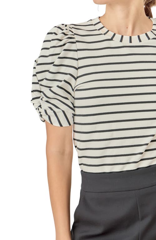 English Factory Stripe Puff Sleeve Stretch Cotton Top In Neutral
