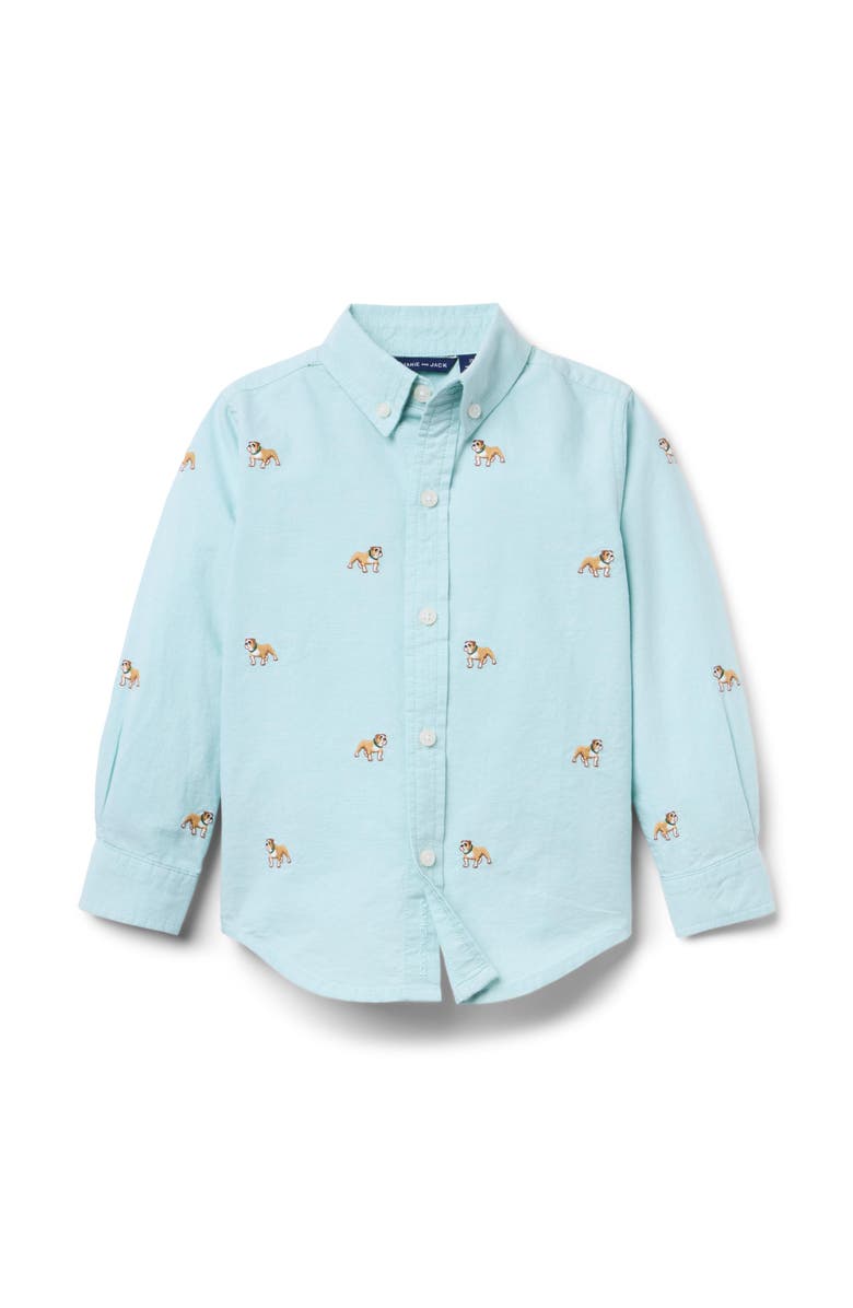 Janie and Jack Embroidered Bulldog Oxford Shirt, Main, color, Green