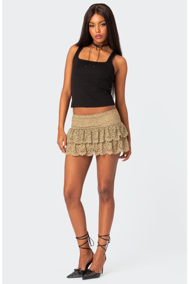 Low Rise Tiered Ruffle Stretch Lace Miniskirt, Alternate, color, OLIVE