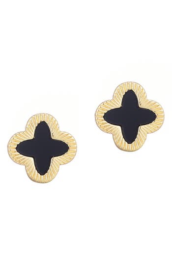 Adornia 14k Gold Plated Fluted Edge Black Clover Stud Earrings In Gold