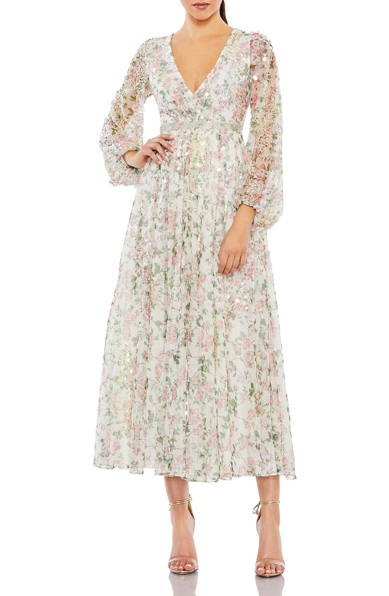 Mac Duggal Embellished Floral Print Faux Wrap A Line Dress, Main, color,