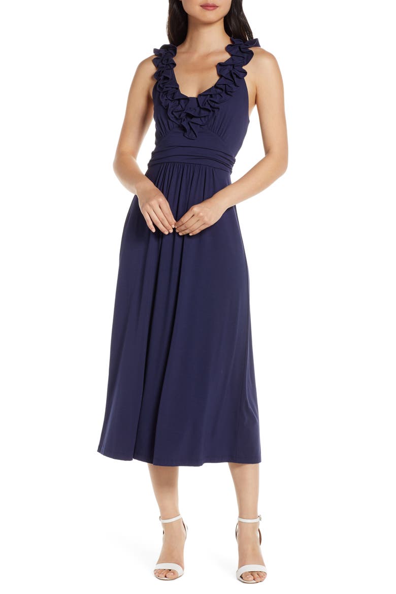 Leena Ruffle Midi Dress, Main, color, TRUE NAVY