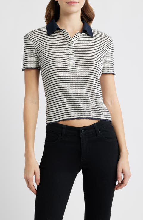 Stripe Crop Pointelle Polo