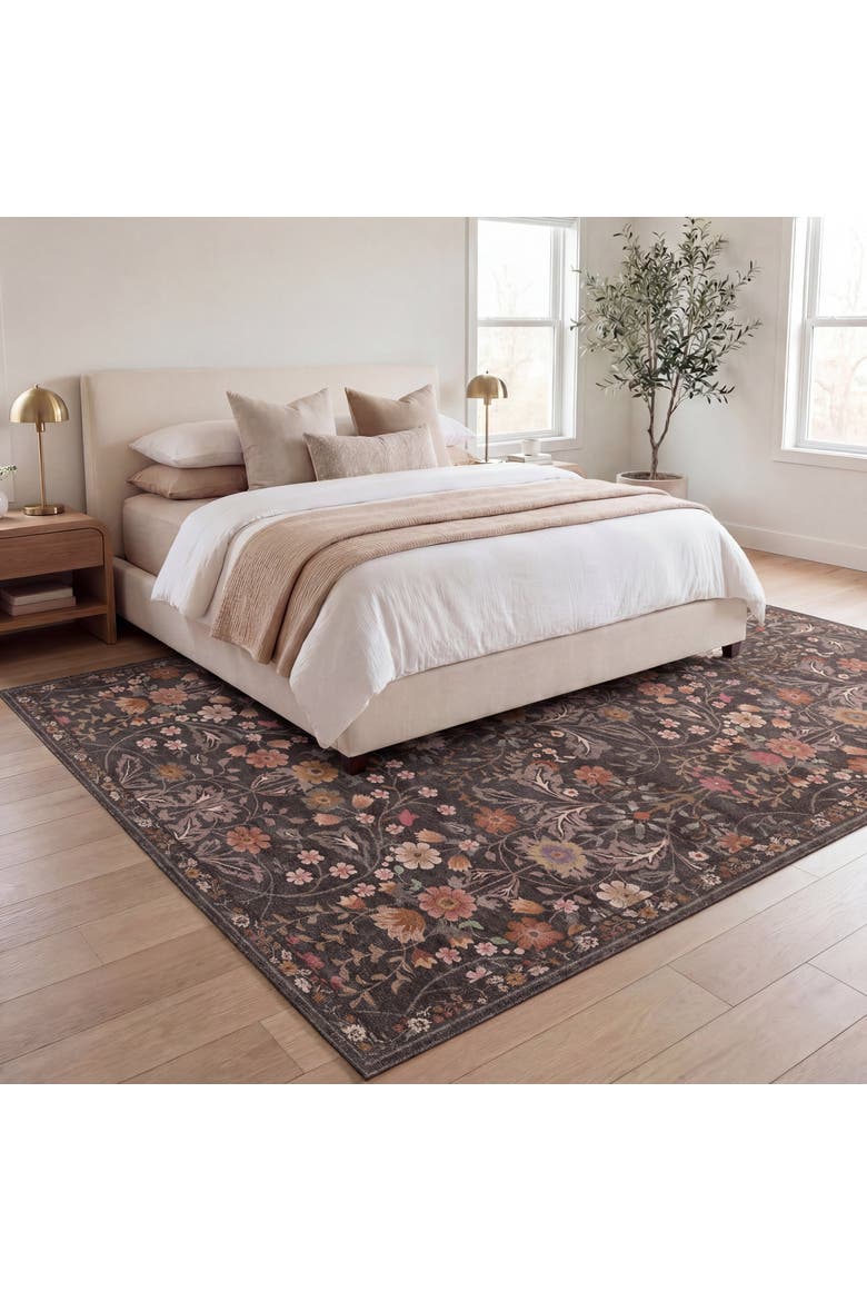 Primrose Art Nouveau Floral Border Non-Slip Machine-Washable Area Rug, Alternate, color, Taupe/Multi