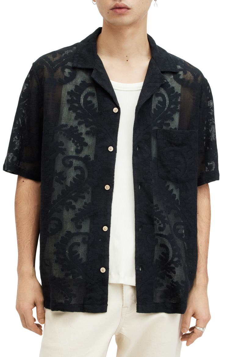 Cerrito Relaxed Fit Lace Camp Shirt, Main, color, JET BLACK