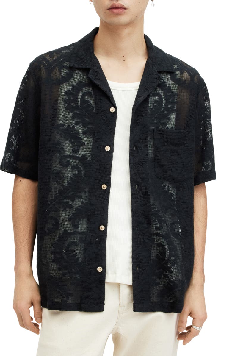AllSaints Cerrito Relaxed Fit Lace Camp Shirt, Main, color, 