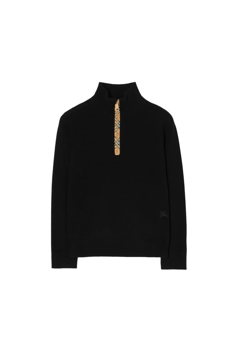 Check Trim Wool Half-zip Sweater, Main, color, Black