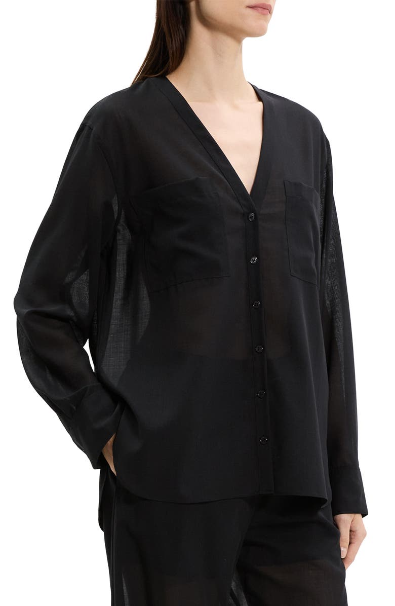 Theory Wool Blend V-Neck Button-Up Shirt, Alternate, color, Black