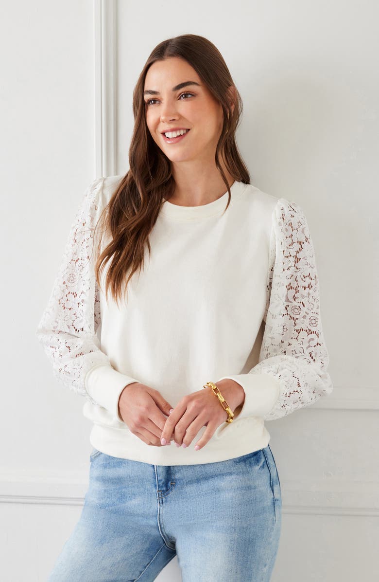 Karen Kane Contrast Lace Sleeve Sweatshirt, Alternate, color, 