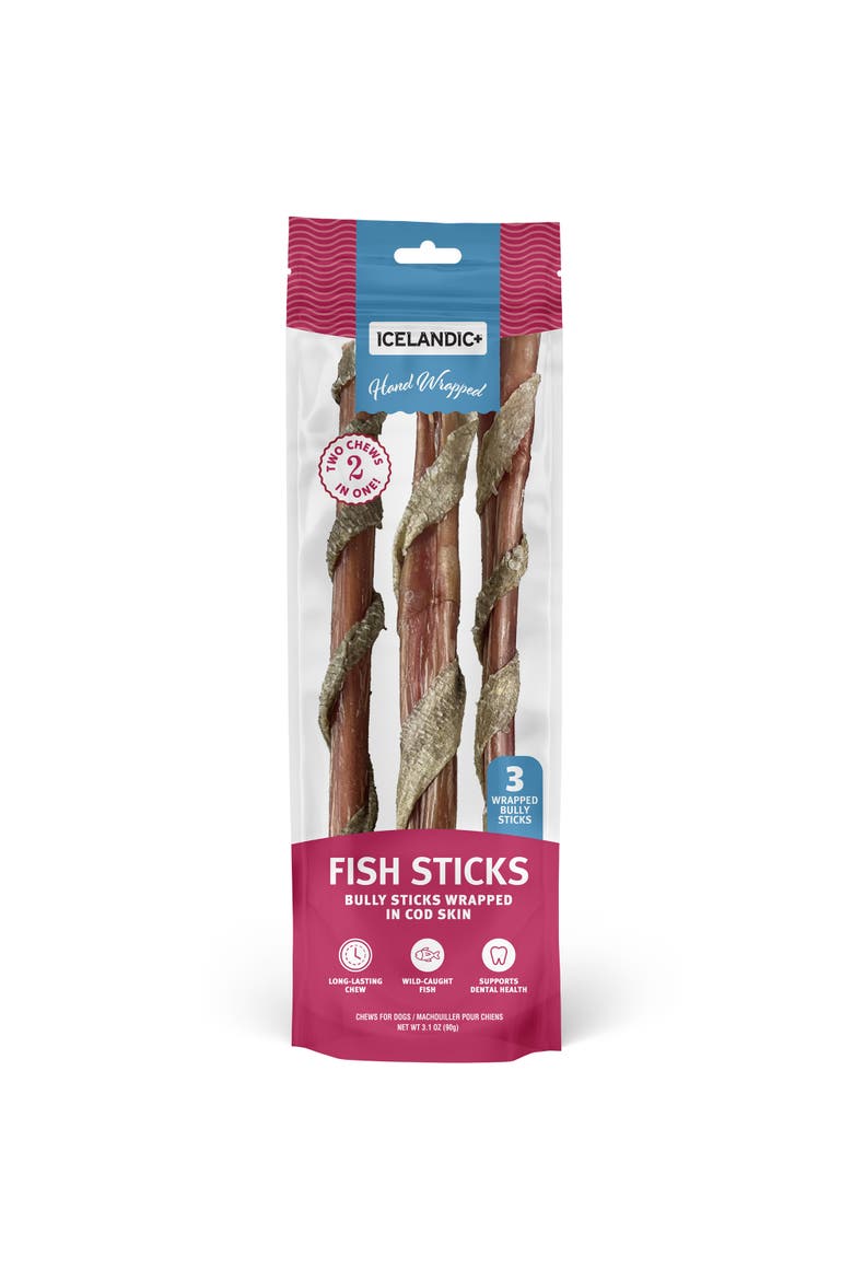 Fish Sticks - Bully Stick Wrapped In Cod Skin 3 Pack, 12" Dog Treats, Main, color, Multicolored