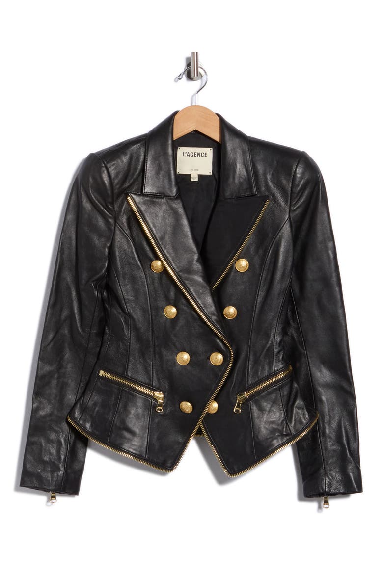 Ottilie Zip Leather Blazer, Main, color, BLACK