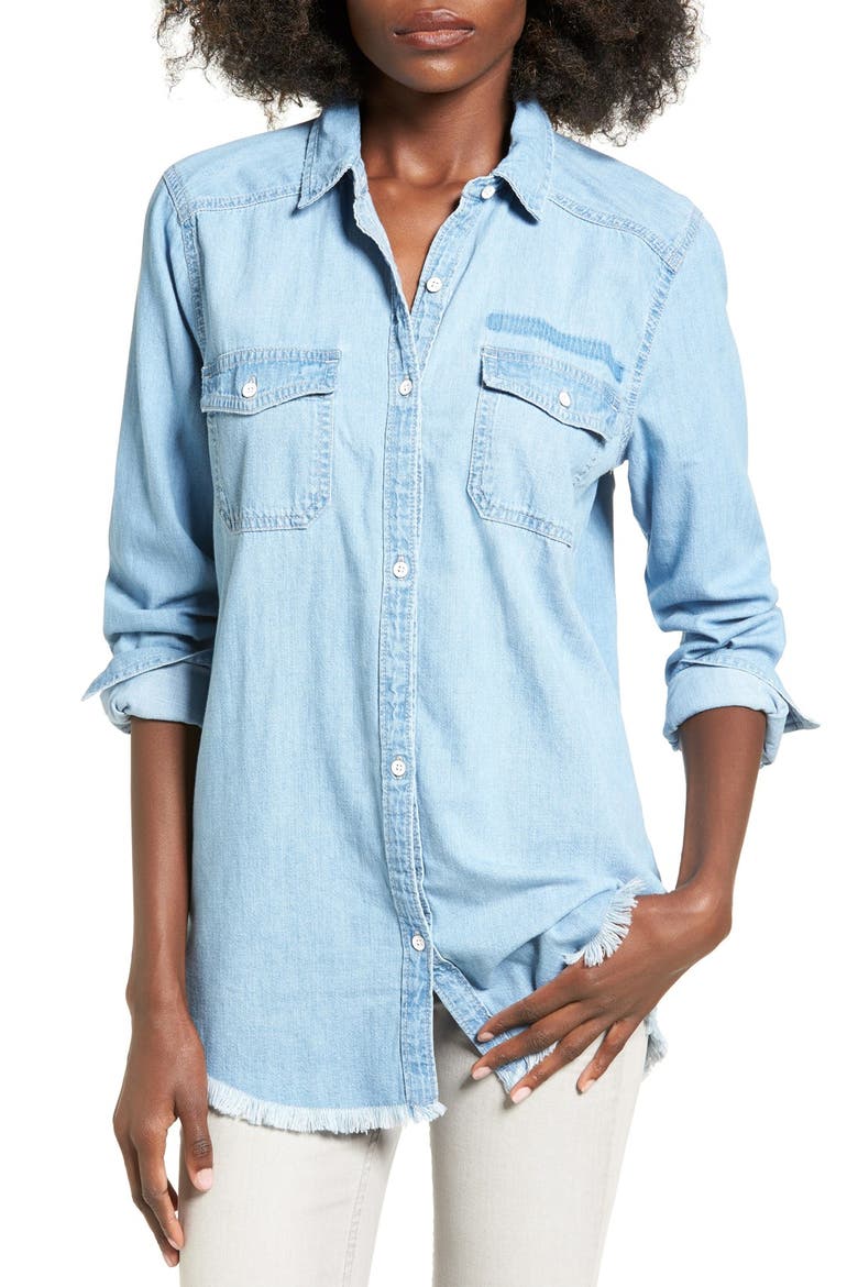 Frayed Hem Chambray Shirt, Main, color, DAWN BLUE
