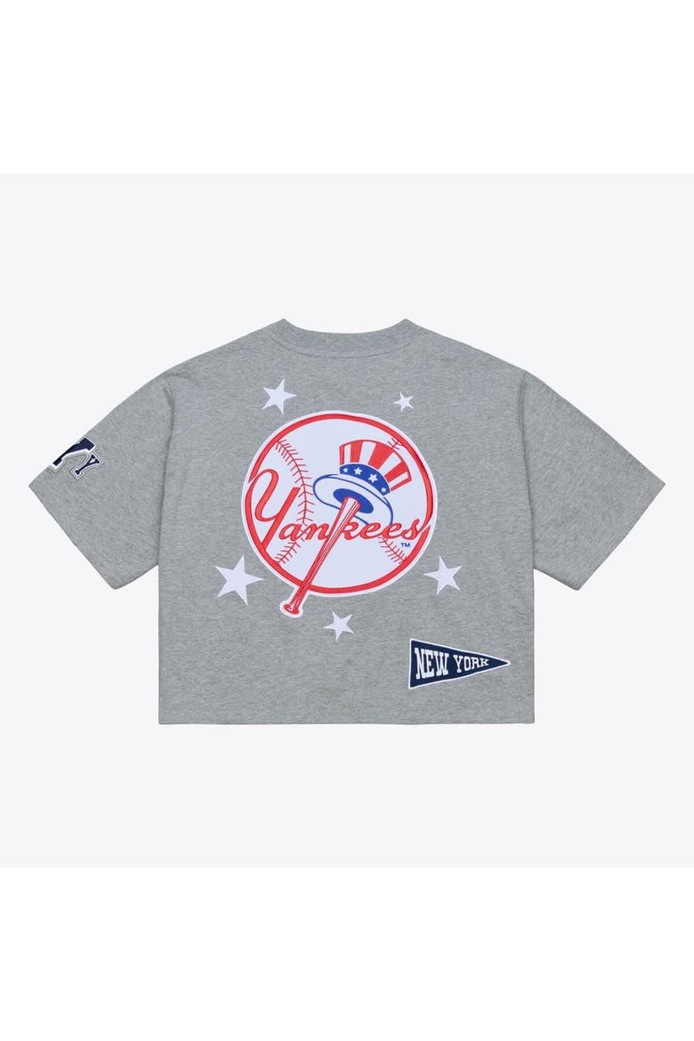 Women's Mitchell & Ness Heather Gray New York Yankees Pep Rally Cropped Boxy T-Shirt, Alternate, color, Heather Gray