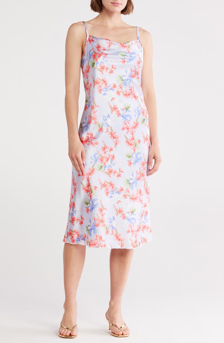 bebe Satin Drape Midi Dress, Main, color,